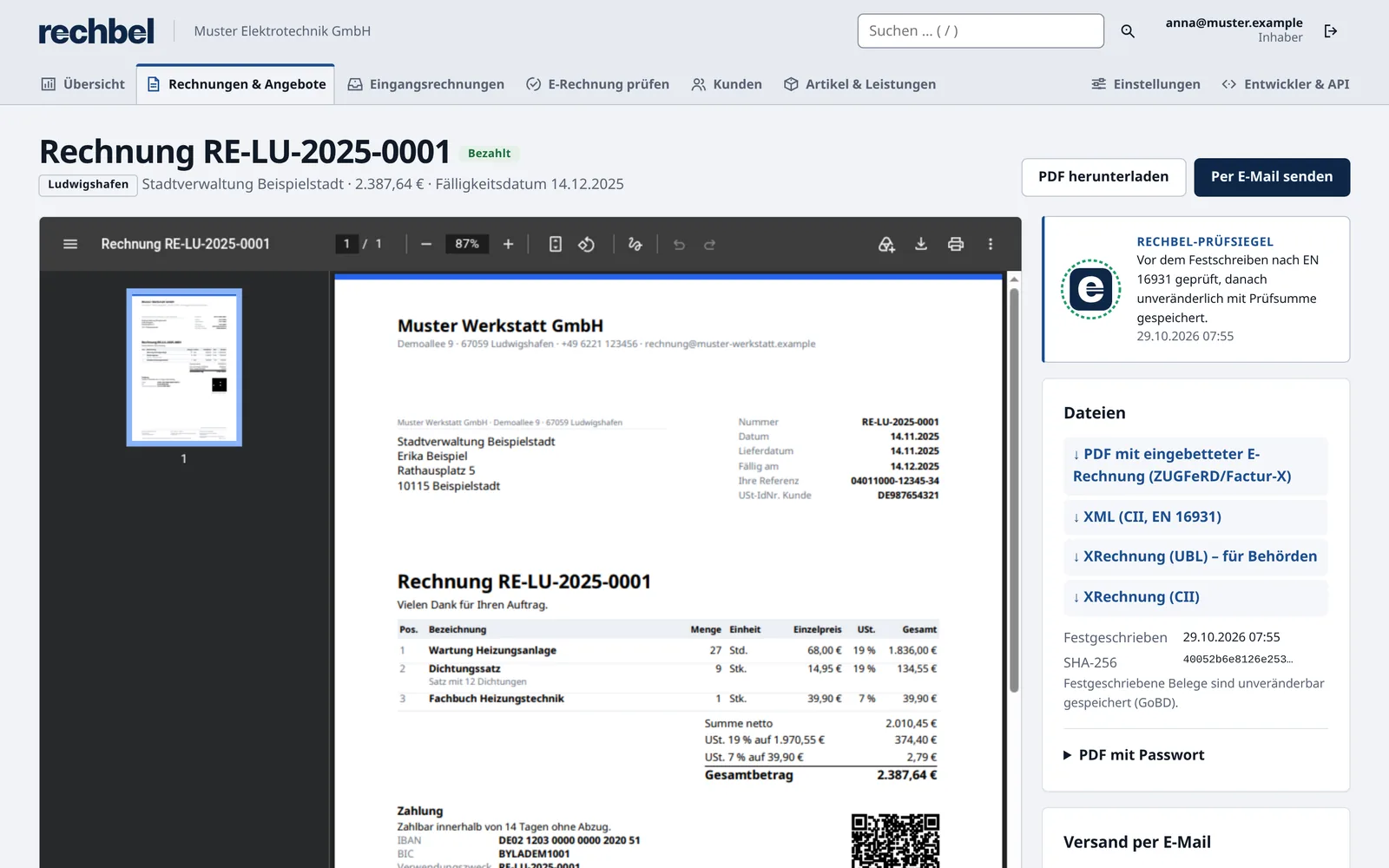 Festgeschriebene Rechnung mit Prüfsiegel, Prüfsumme und Download als ZUGFeRD und XRechnung (Demodaten)